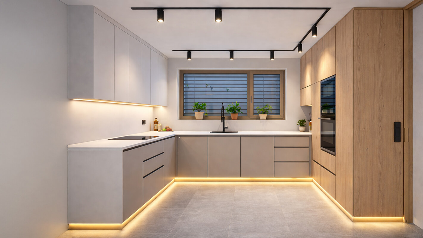 Moderne Küche mit geplantem Schienensystem und Deckenbeleuchtung