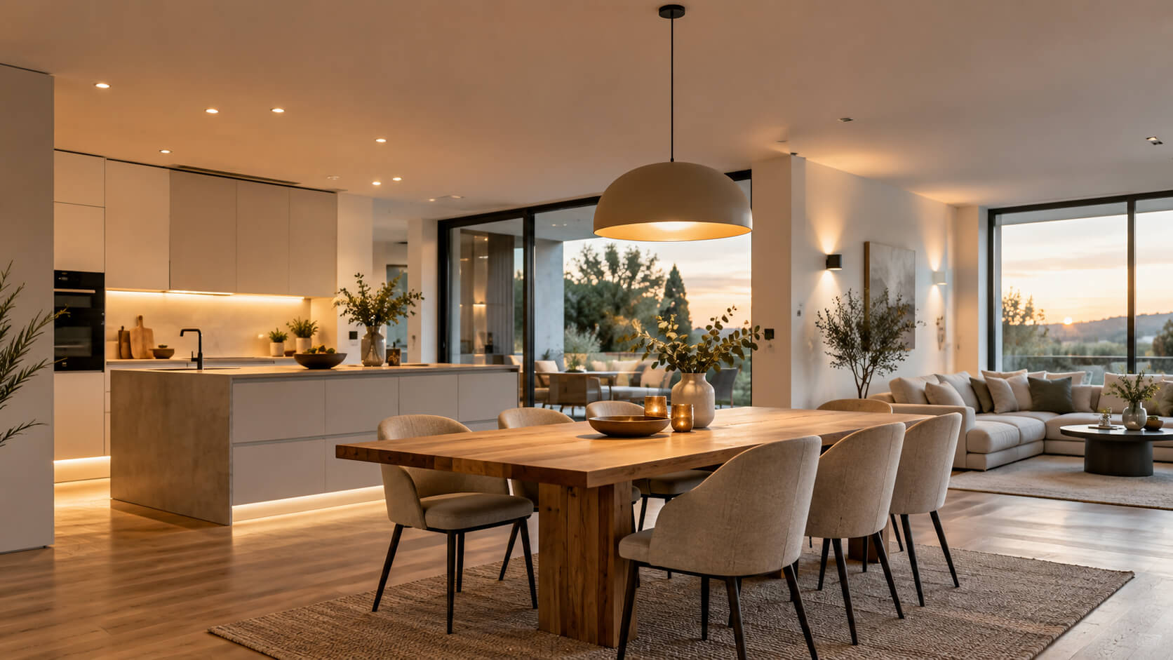 Geplante Beleuchtung in einem modernen Neubau mit Küche, Esstisch und Wohnbereich